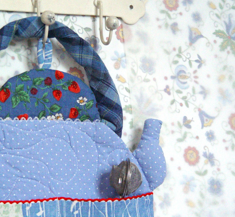Wall Pocket Decor Organizer, Textile Pocket, Kitchen Pocket, Fabric Organizer, Wall Hanging, Bills Holder, Kitchen Holder, blue teapot