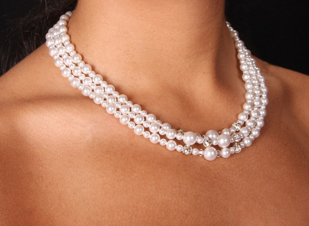 Triple Strand Swarovski Crystal Pearl Rhinestone Ball Bridal Necklace, The Grace