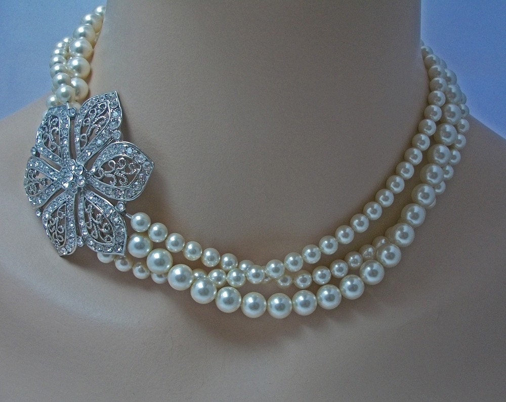 Rhinestone Brooch Triple Multi Strand Bridal Necklace Swarovski Pearls, The Carrie