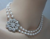 Rhinestone Brooch Double Strand Necklace Swarovski Pearls and Crystals, The Charlotte