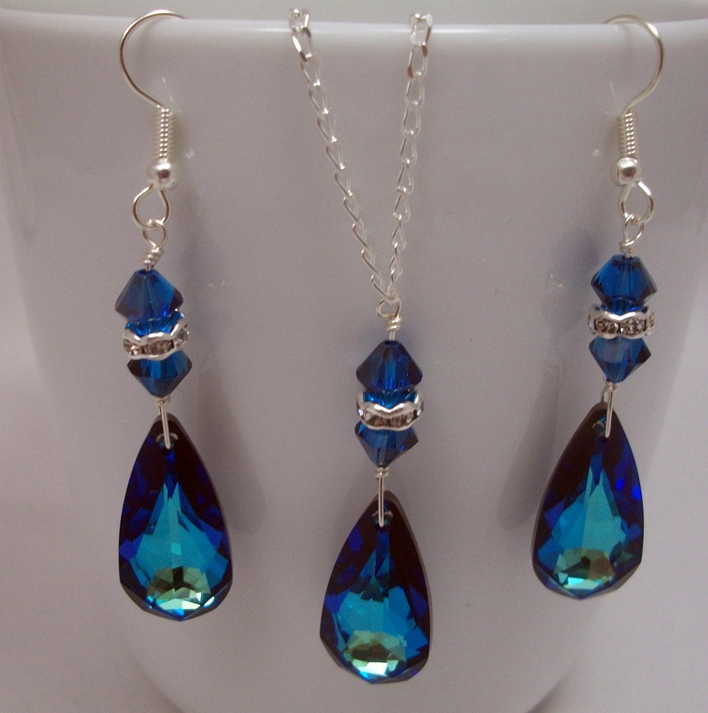 Bridal Set, Something Blue Swarovski Crystal Bridesmaid Y Drop Pear Pendant Necklace Earrings