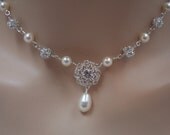 Bridal Necklace Swarovski Crystal and Pearl Rhinestone Filagree, The Kelsey