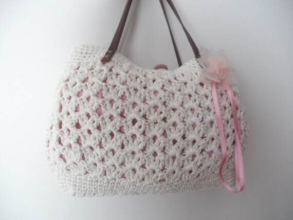 new season bag-white summer bag- Handbag Celebrity Style With Genuine Leather Straps / Handles shoulder bag-crochet bag-hand made