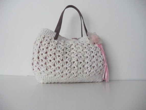 new season bag-white summer bag- Handbag Celebrity Style With Genuine Leather Straps / Handles shoulder bag-crochet bag-hand made