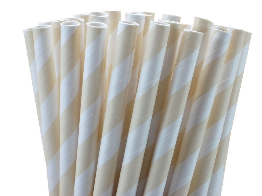Ivory Cream Striped Paper Straws, Party Drinking Straws with Printable DIY Flag Toppers (100 count)