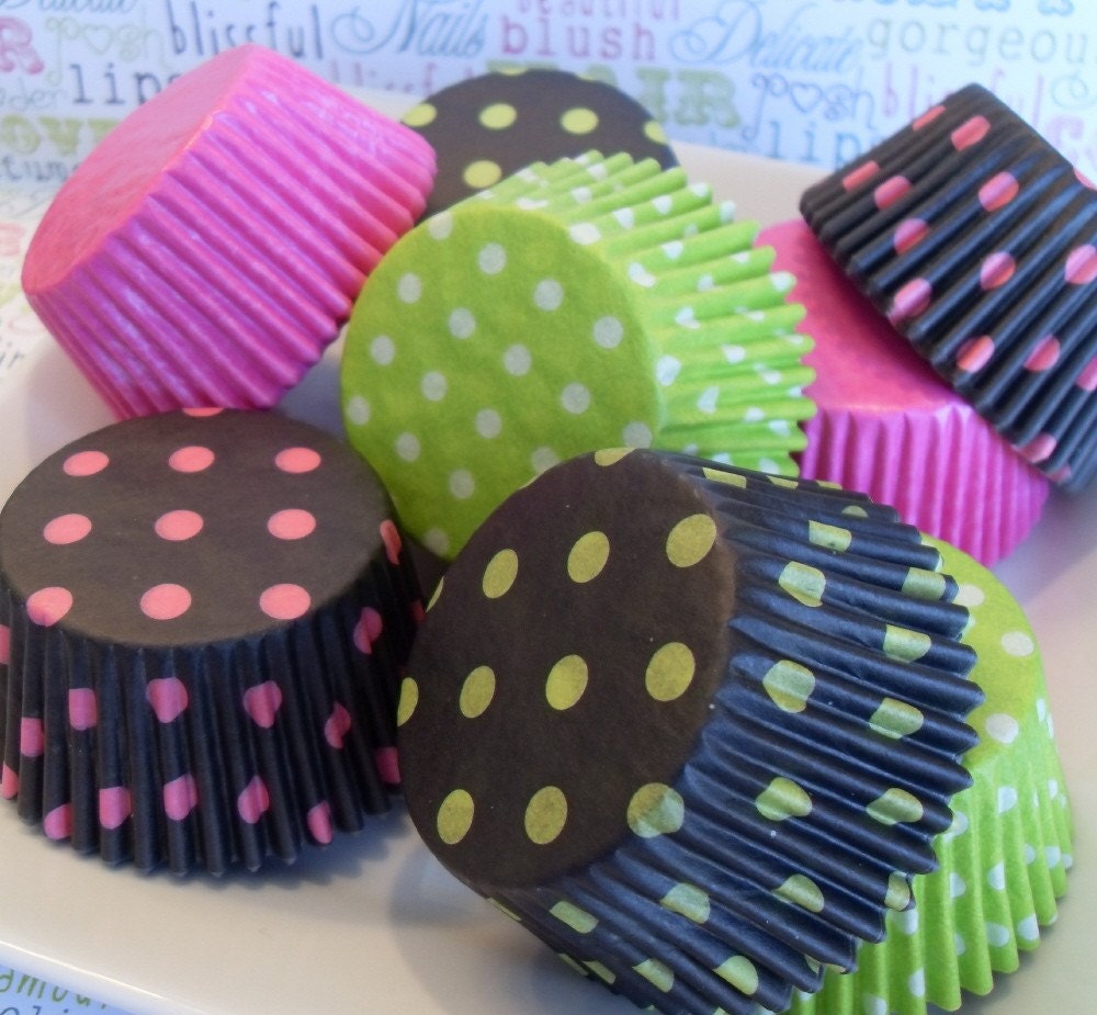 Black, Pink and Lime Polka Dot Cupcake Liner 4 Color Combo (100 count)