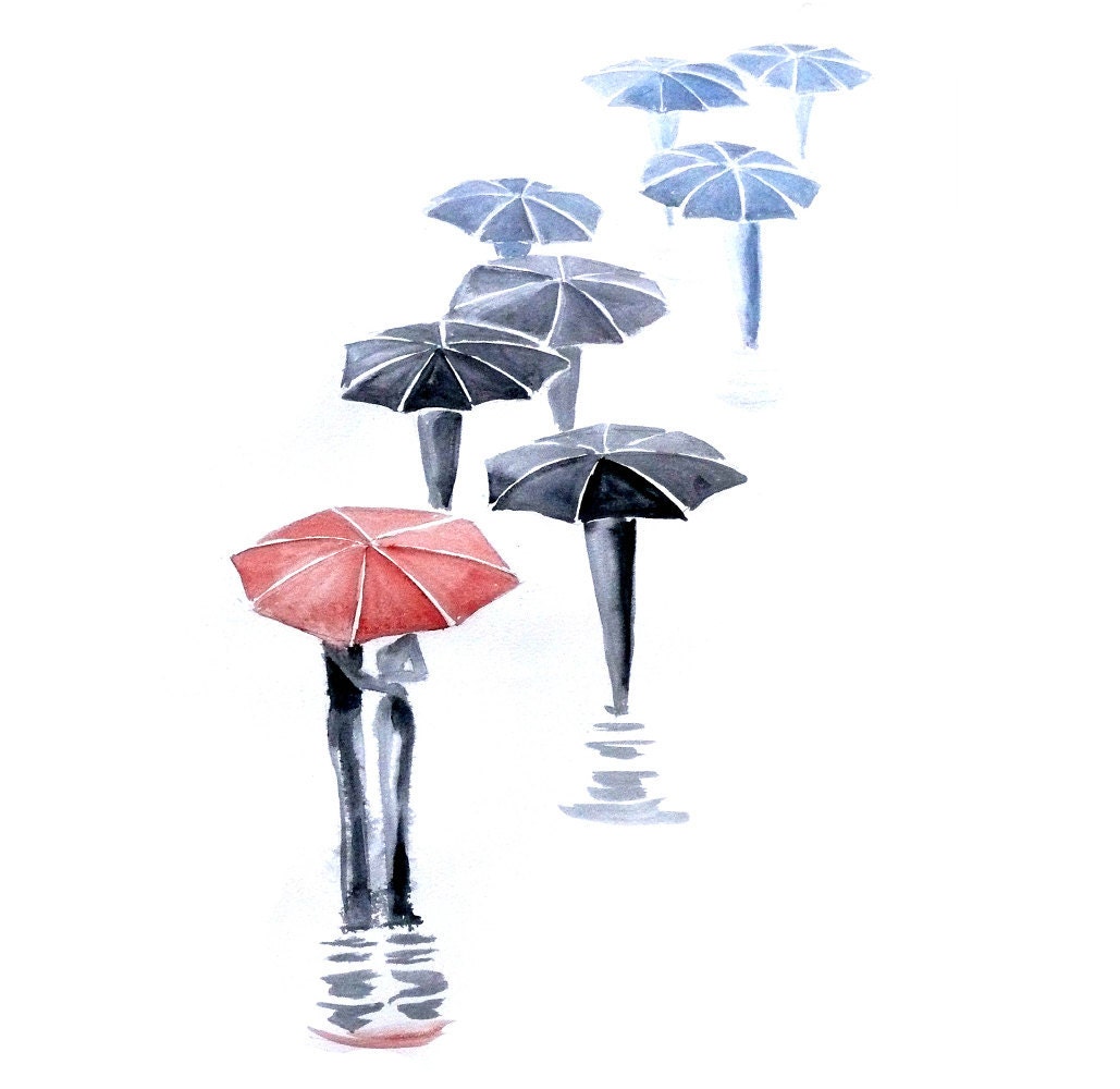 Love autumn rain umbrella kiss Original Watercolor Painting 20x27 contemporary modern wall art illustration abstract home wall decor