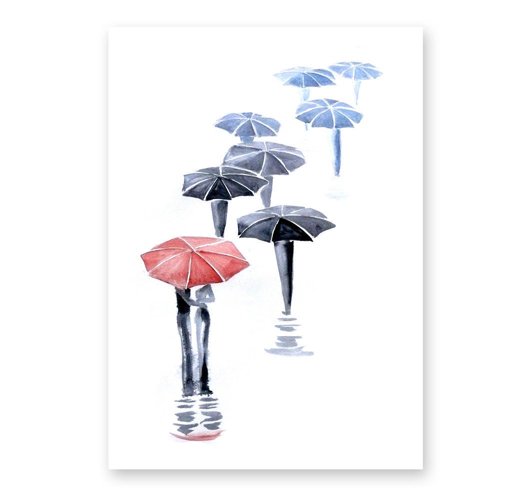 Love autumn rain umbrella kiss Original Watercolor Painting 20x27 contemporary modern wall art illustration abstract home wall decor