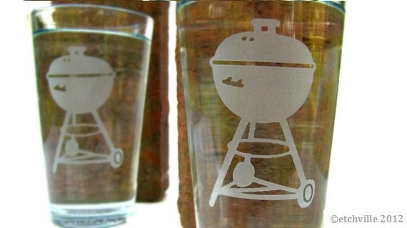BBQ Pint glasses, TWO etched, great fathers day gift