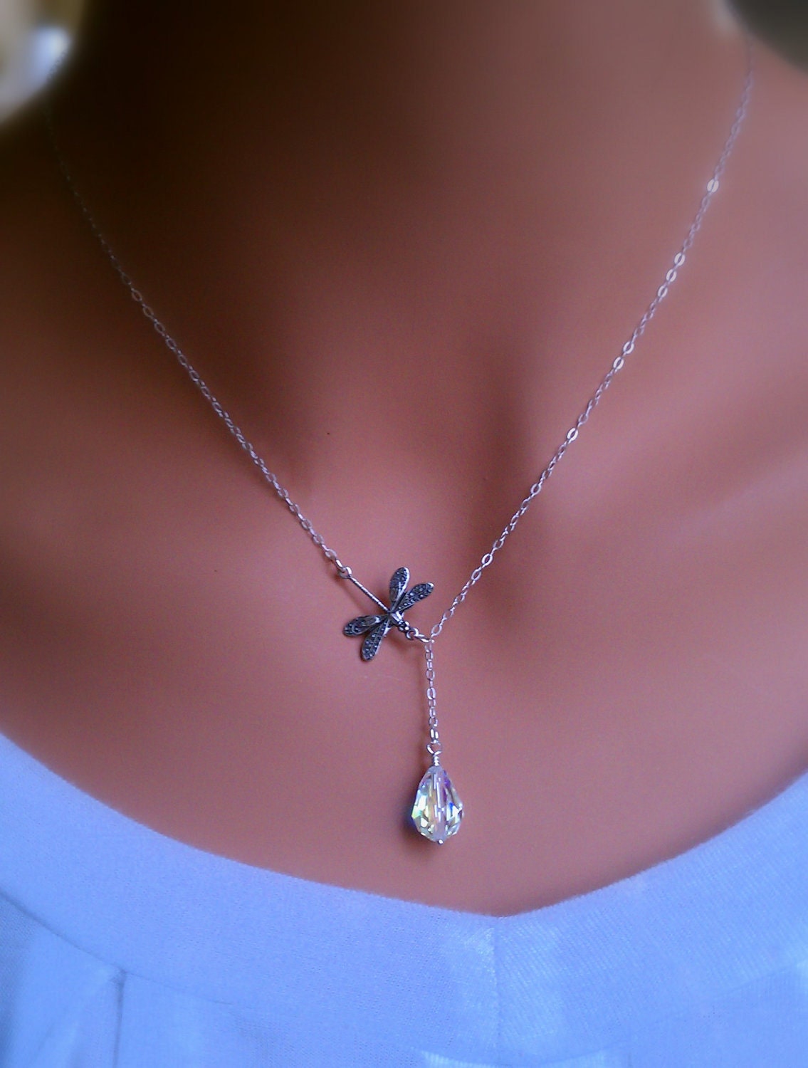 Dragonfly in the rain sterling silver lariat necklace with Swarovski Crystal
