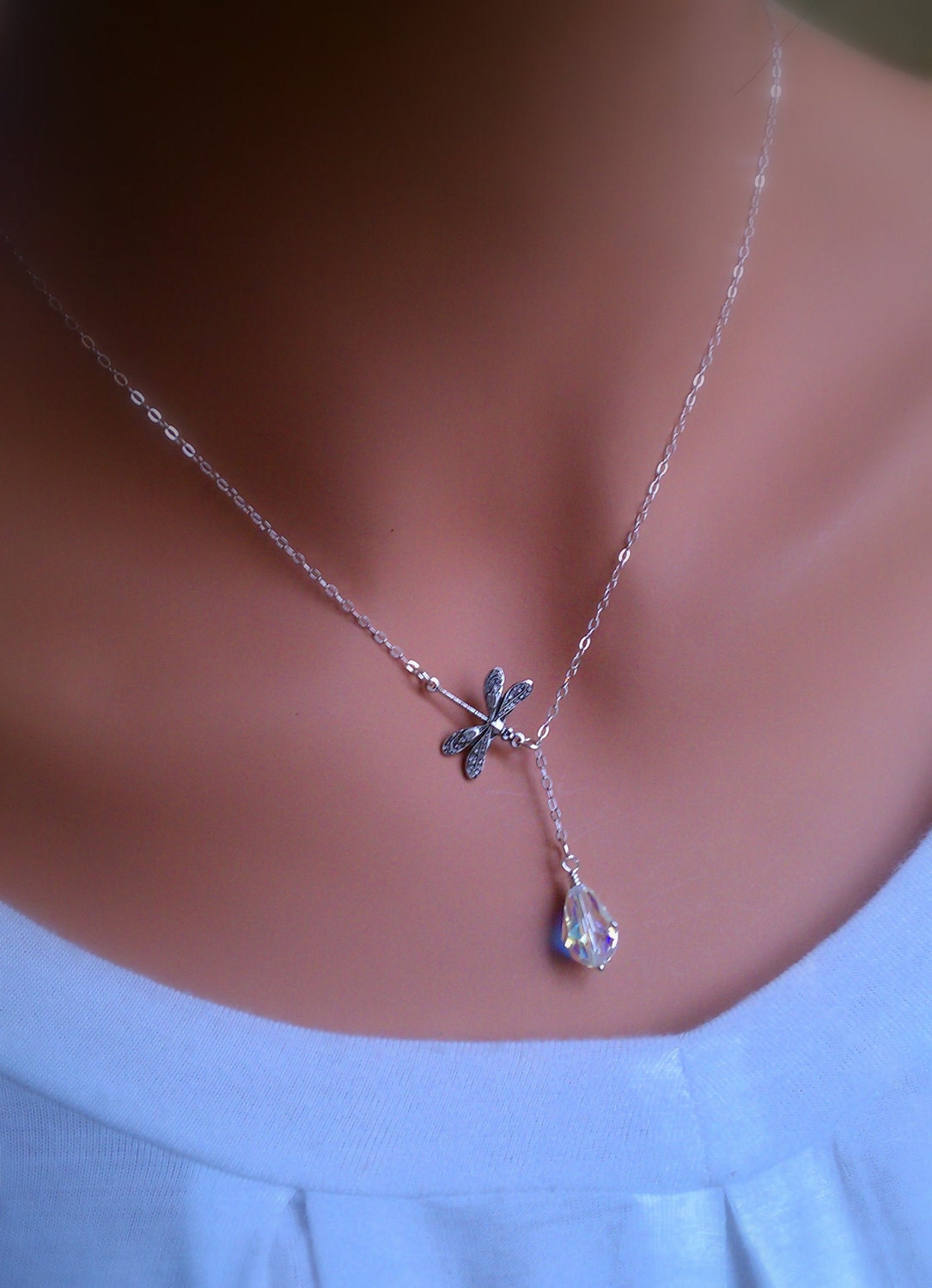 Dragonfly in the rain sterling silver lariat necklace with Swarovski Crystal