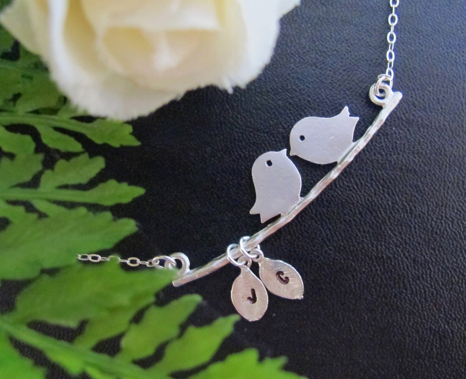 Kissing Love Birds necklace. Personalized. Initials on the Leaf. Couple. Two Love Birds. Anniversary. Marriage. Gift.
