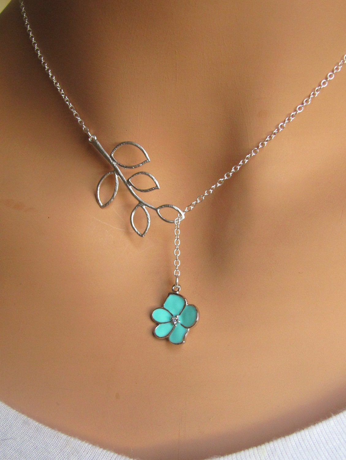 Aqua Orchid Flower with CZ and Branch lariat necklace. Bridal. Wedding. Bridesmaids Gift. Everyday Wear. In Silver.