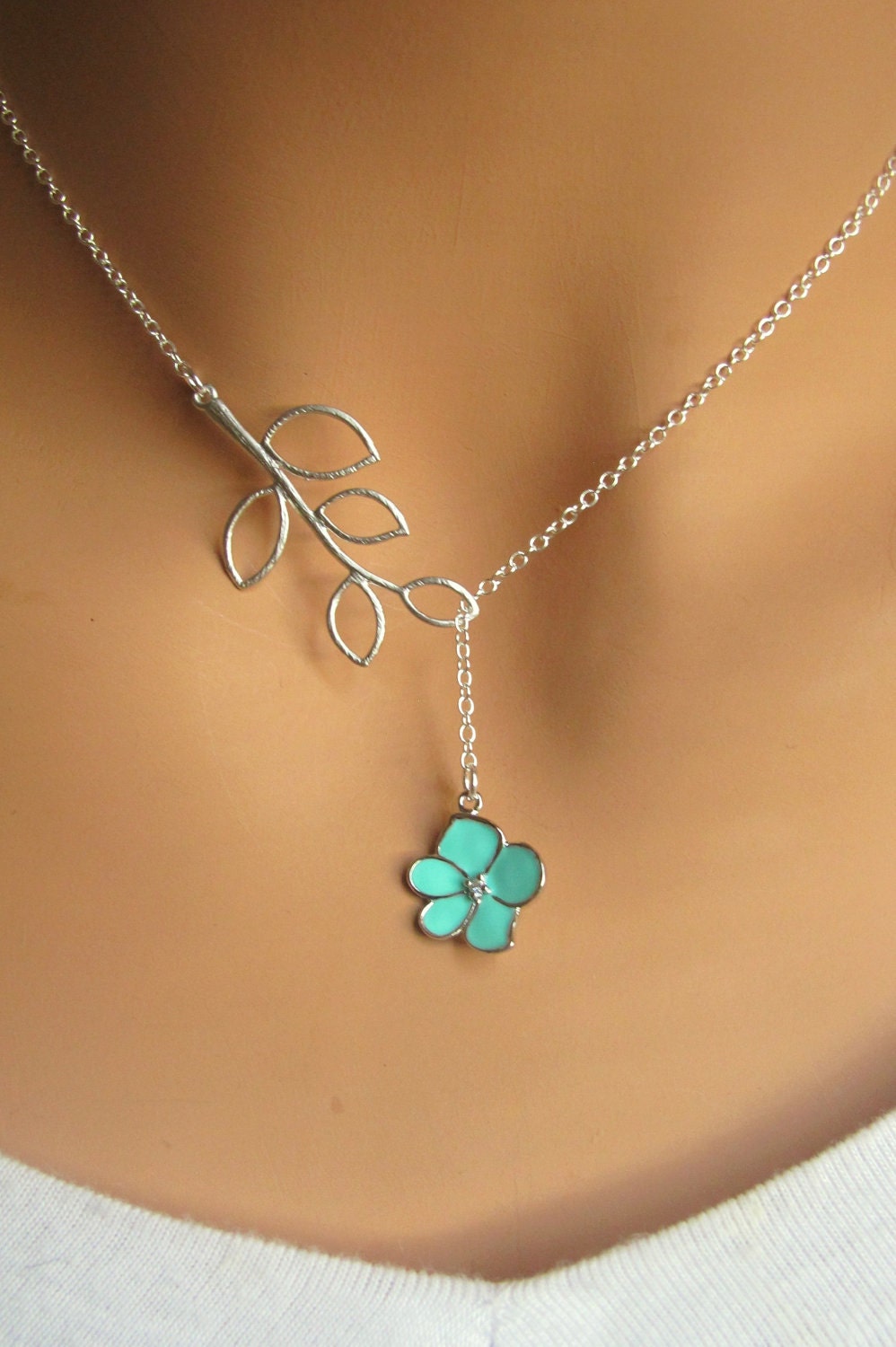 Aqua Orchid Flower with CZ and Branch lariat necklace. Bridal. Wedding. Bridesmaids Gift. Everyday Wear. In Silver.