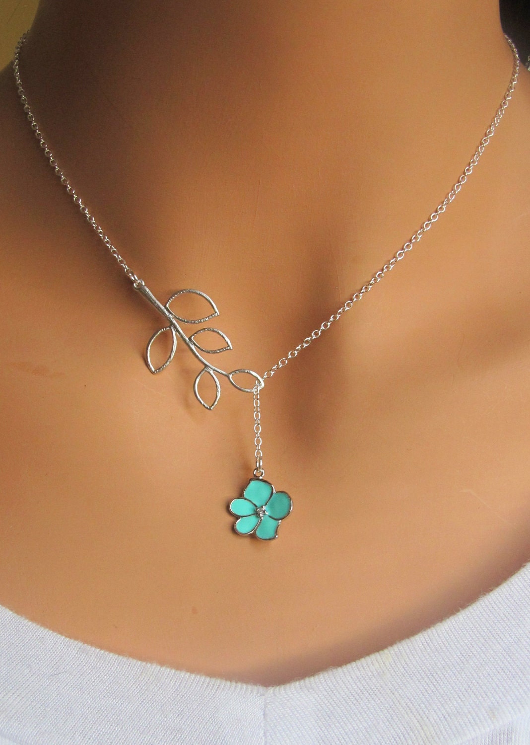 Aqua Orchid Flower with CZ and Branch lariat necklace. Bridal. Wedding. Bridesmaids Gift. Everyday Wear. In Silver.