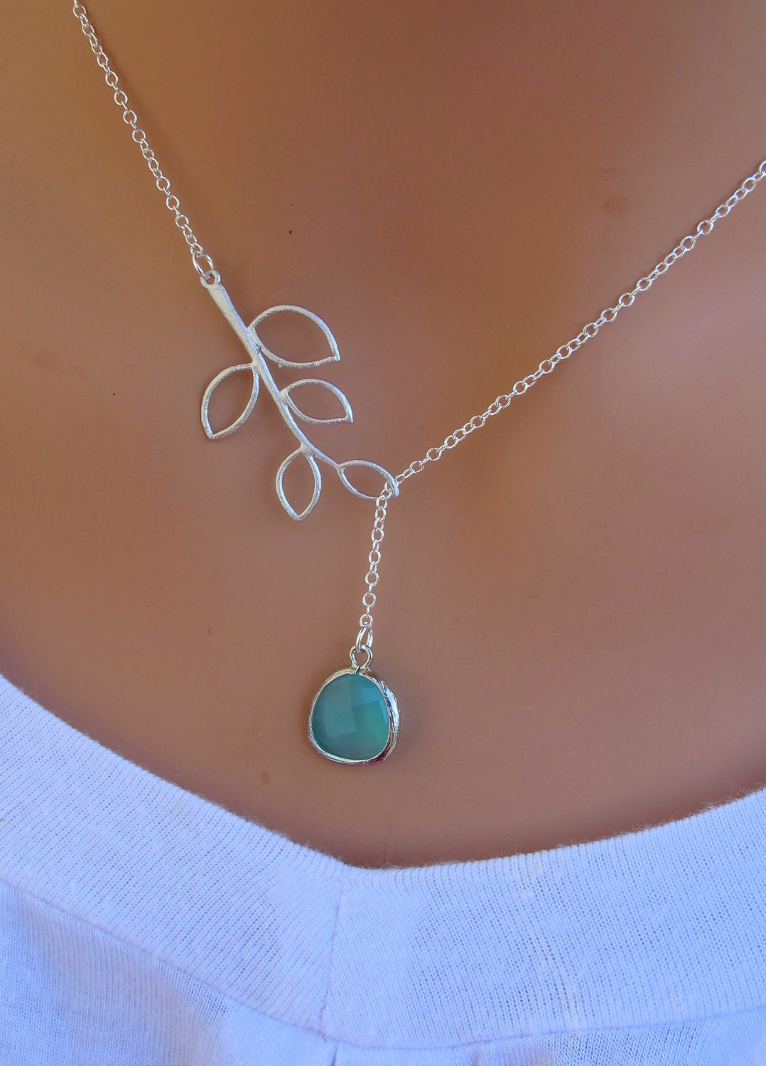Aqua Blue and Branch Sterling Silver Necklace. Bridal. Wedding. Bridesmaids Gift. Everyday Wear.