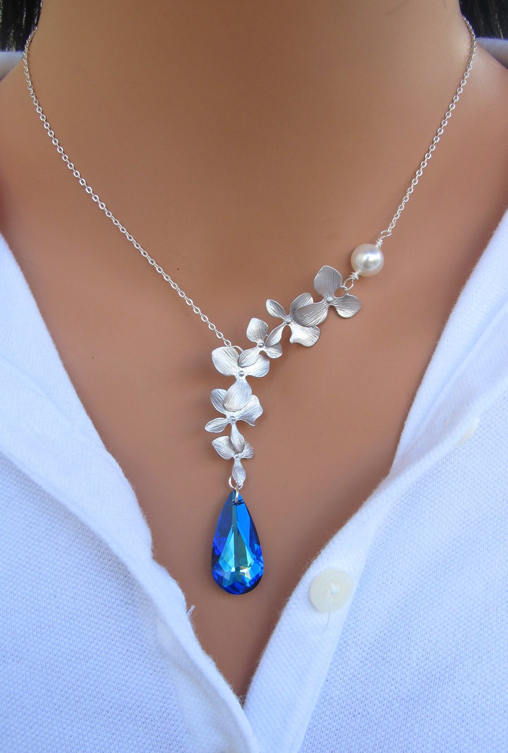 Peacock and Orchids sterling silver necklace. Bridal. Wedding. Bridesmaids Gift.