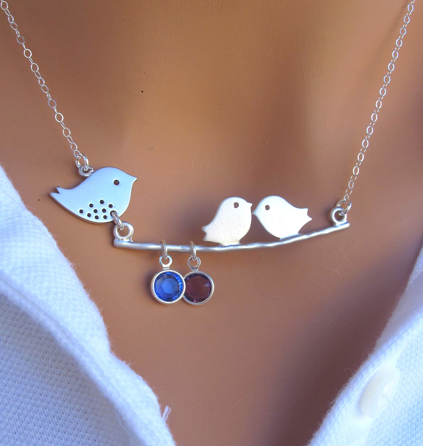 Mommy and Baby bird necklace. CUSTOM BIRTHSTONE. Personalized. Gift.