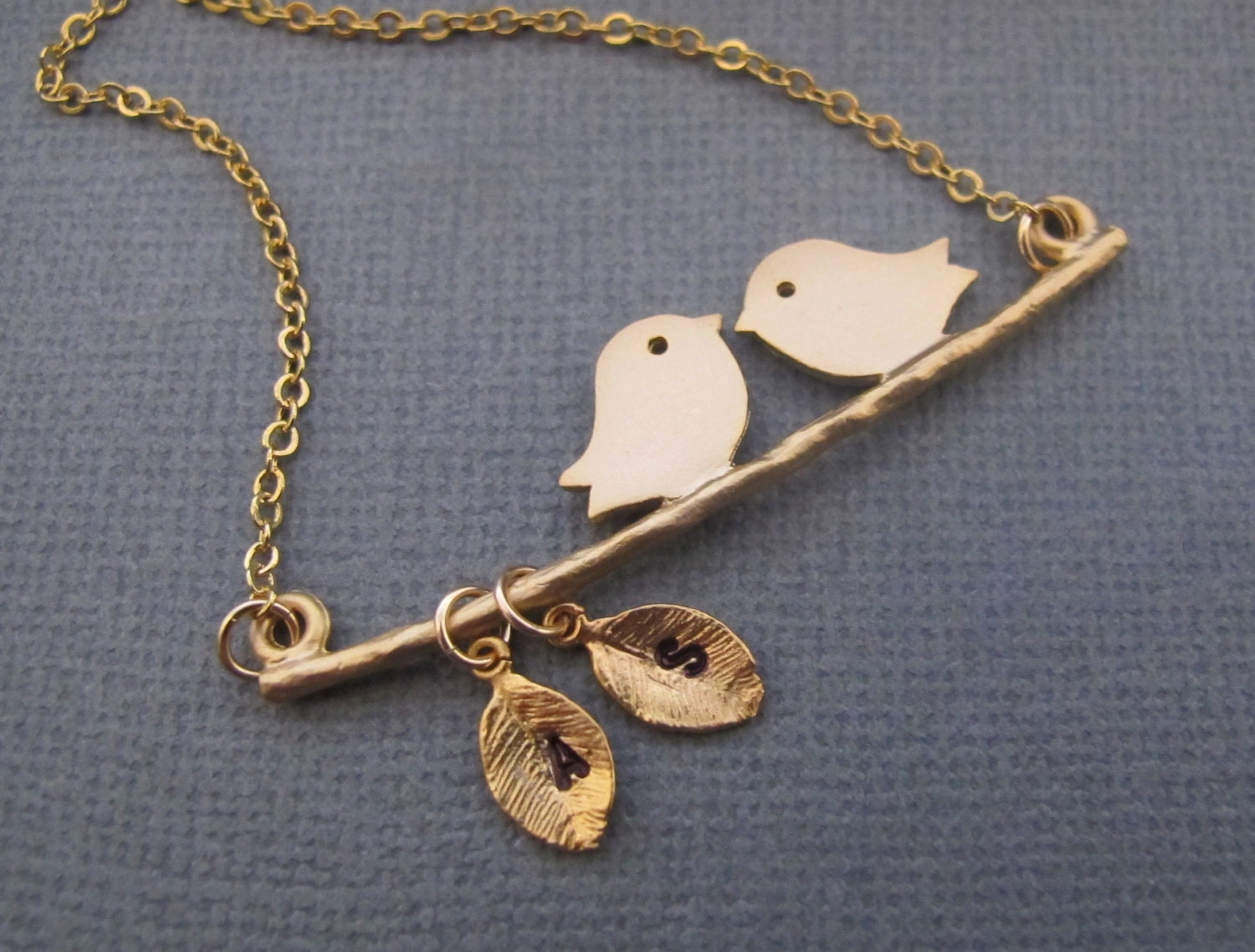 Love Birds on a Branch necklace in 14k GOLD. Personalized. Initials on the Leaf. Couple. Two Love Birds. Anniversary. Marriage. Gift.