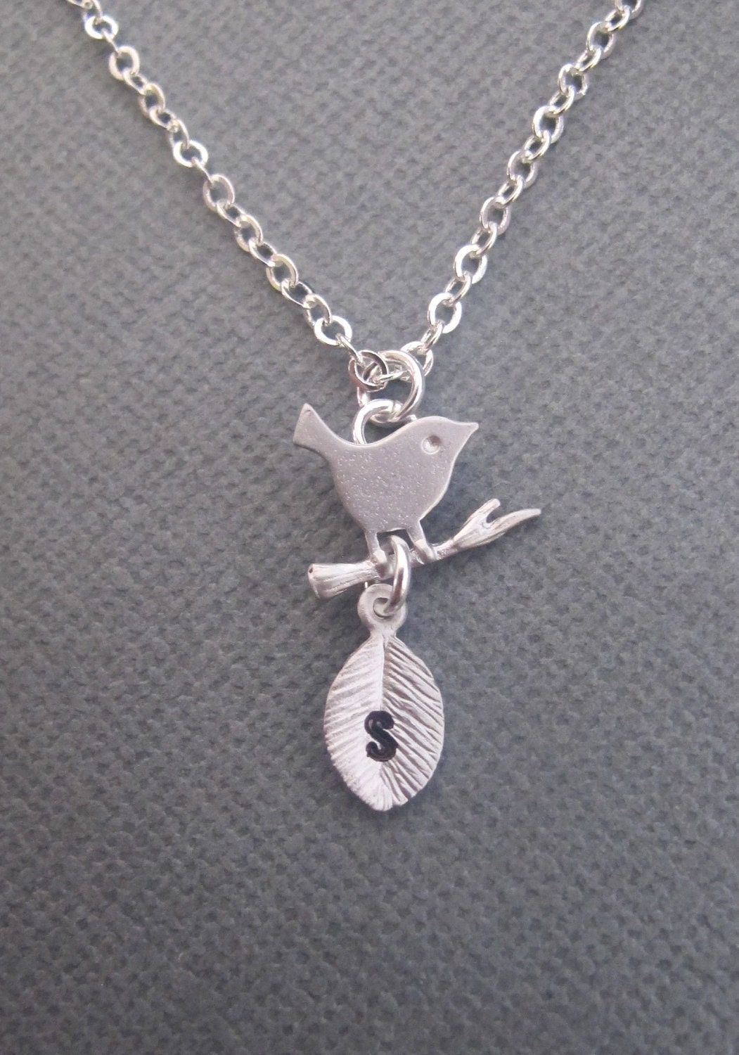 PERSONALIZED Bird on the Branch necklace in STERLING SILVER. Custom Initial on the Leaf.