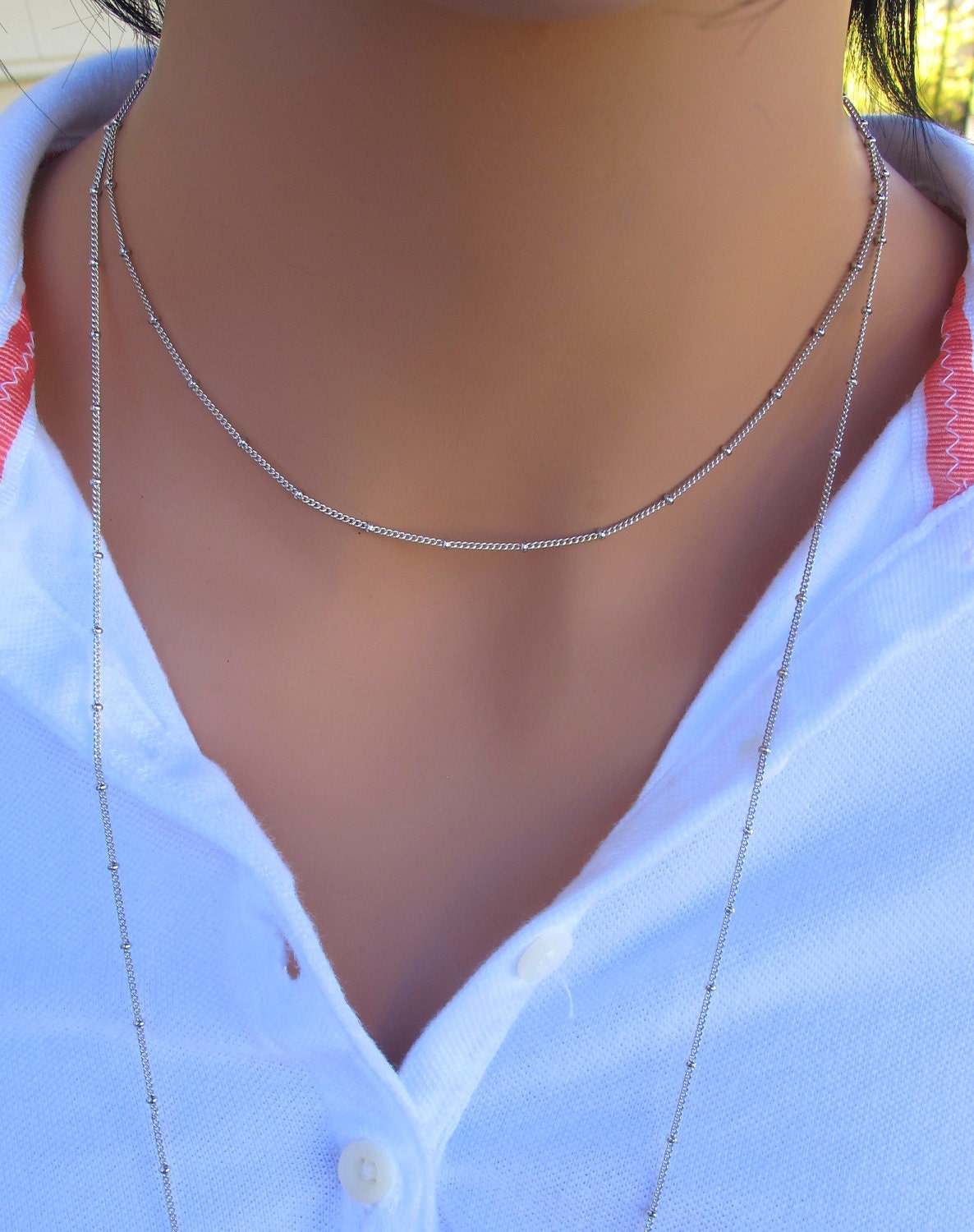 Long Layered Necklace in STERLING SILVER. Beaded Chain.