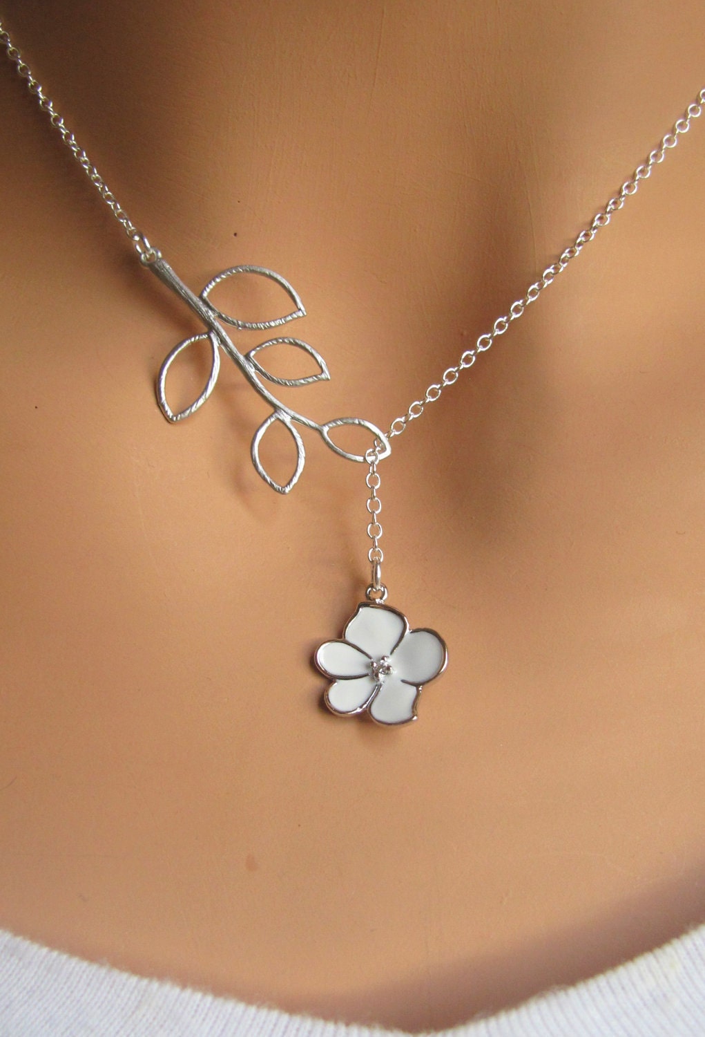 Orchid with CZ and Branch lariat necklace. Bridal. Wedding. Bridesmaids Gift. Everyday Wear. In Silver.