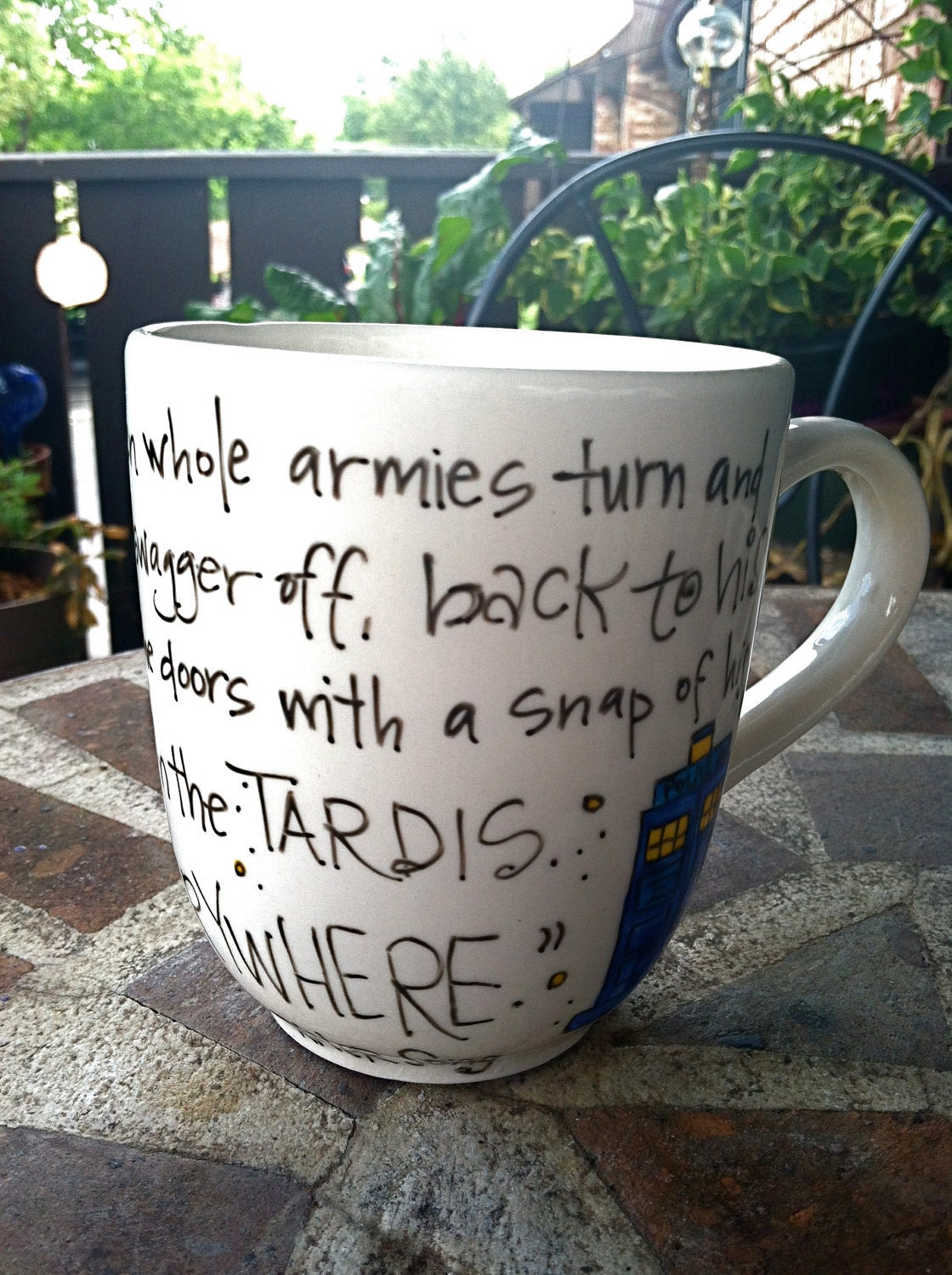 Doctor Who "The Doctor. In the TARDIS. Next stop: Everywhere." River Song TARDIS quote - Hand Painted White Quote Mug