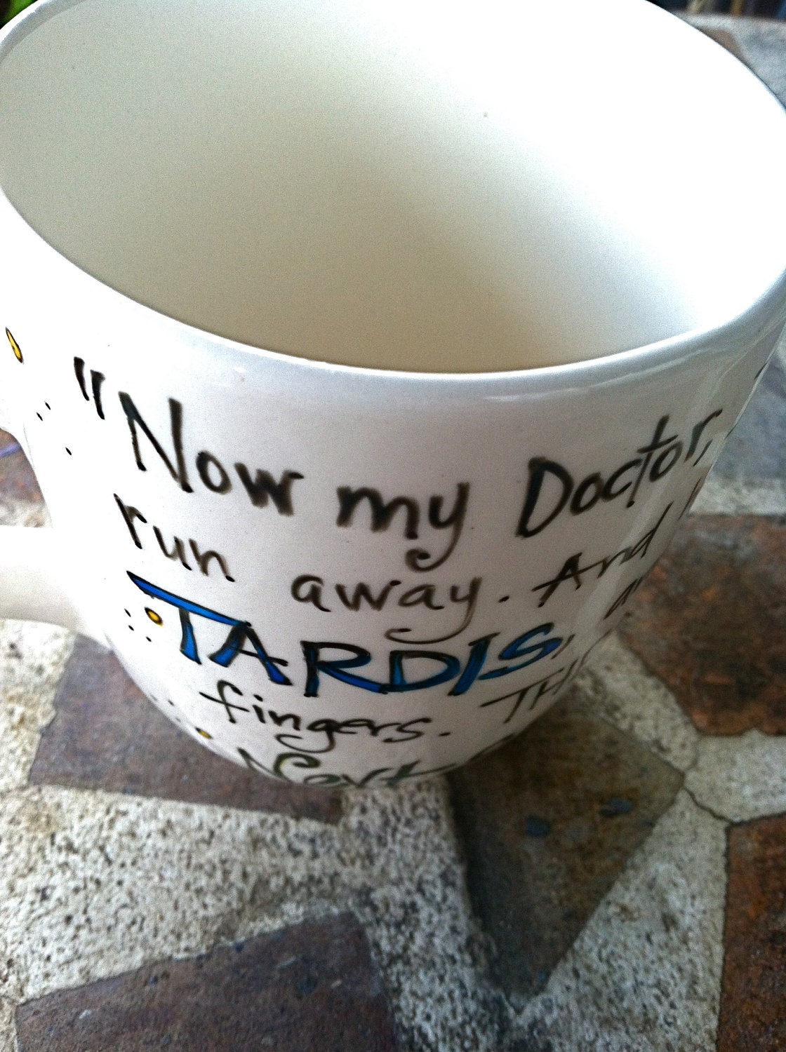 Doctor Who "The Doctor. In the TARDIS. Next stop: Everywhere." River Song TARDIS quote - Hand Painted White Quote Mug