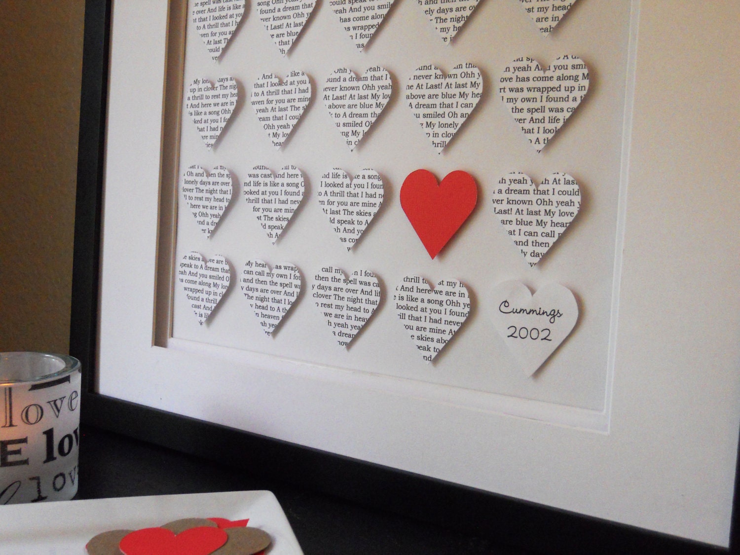 Personalized Wedding Art, Framed Paper Hearts, Collage Art, Paper Heart Anniversary Gift, First Anniversary Paper Art