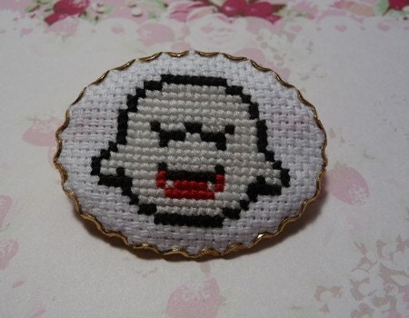 Boo, Mario Ghost Cross Stitch Brooch