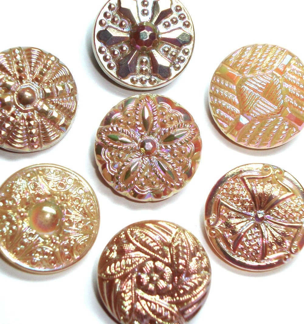 7 Vintage Light Brown Buttons with Iridescent Luster-Floral