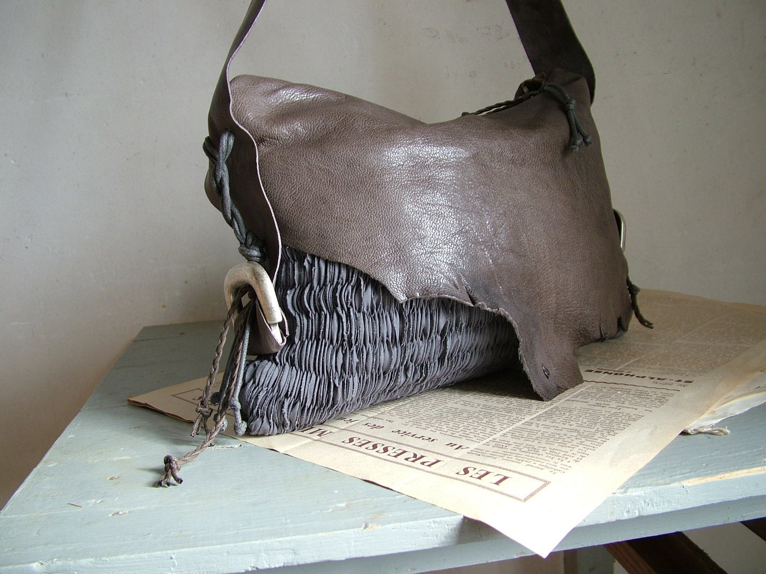 Boho Hobo in Grey Brown Slouchy Leather and Slate Grey Handweave - Made to Order