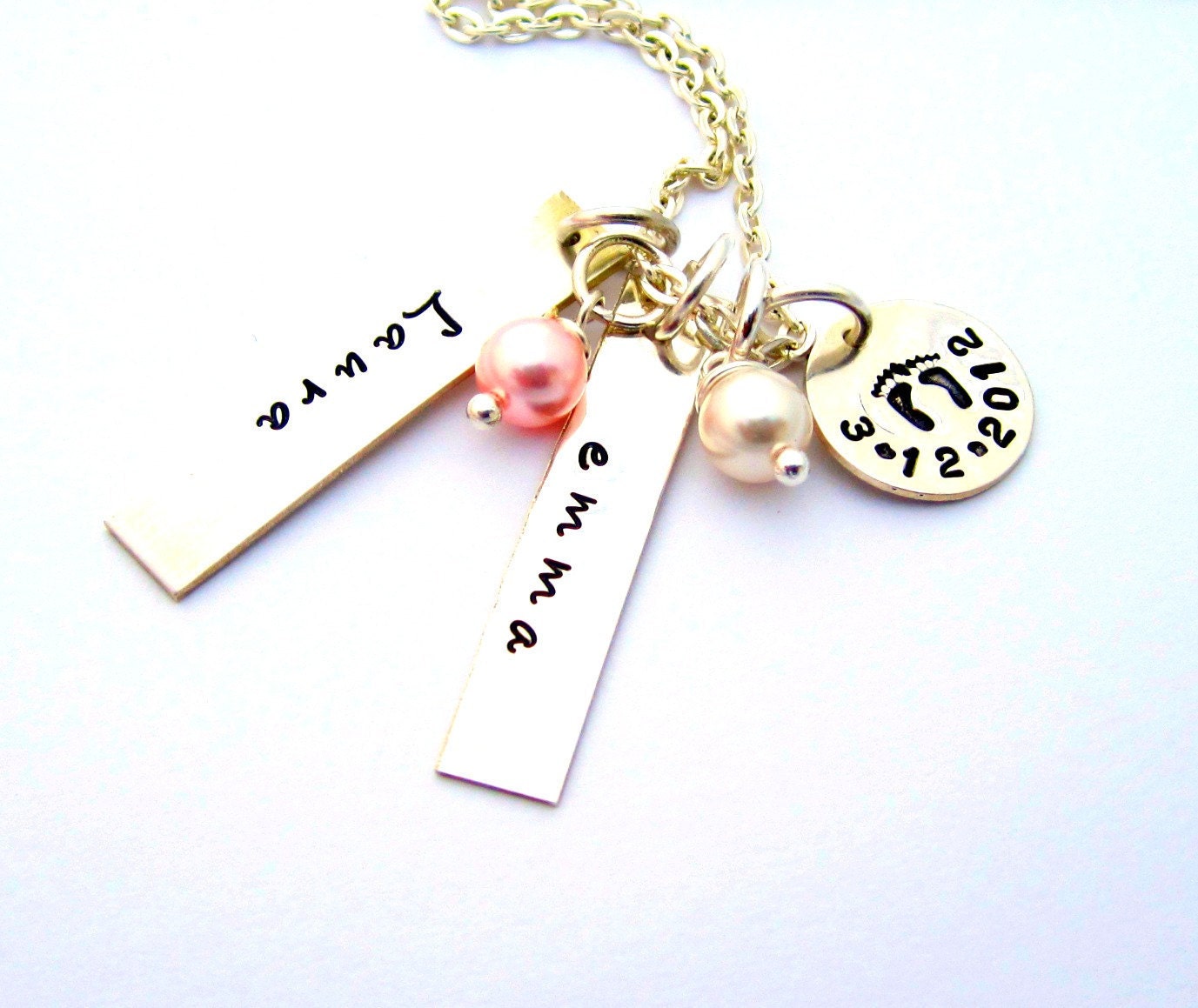 Personalized Necklace, Hand Stamped Jewelry, Metal Work, Charm Necklace, Baby Feet Jewelry - Twin Laura and Emma