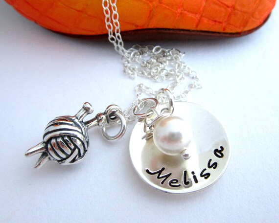 Personalized Hand Stamped Jewelry, Sterling Silver, Hand Stamped Mommy Necklace - Knitting Charm Jewelry & Swarovski Pearl ( custom color)