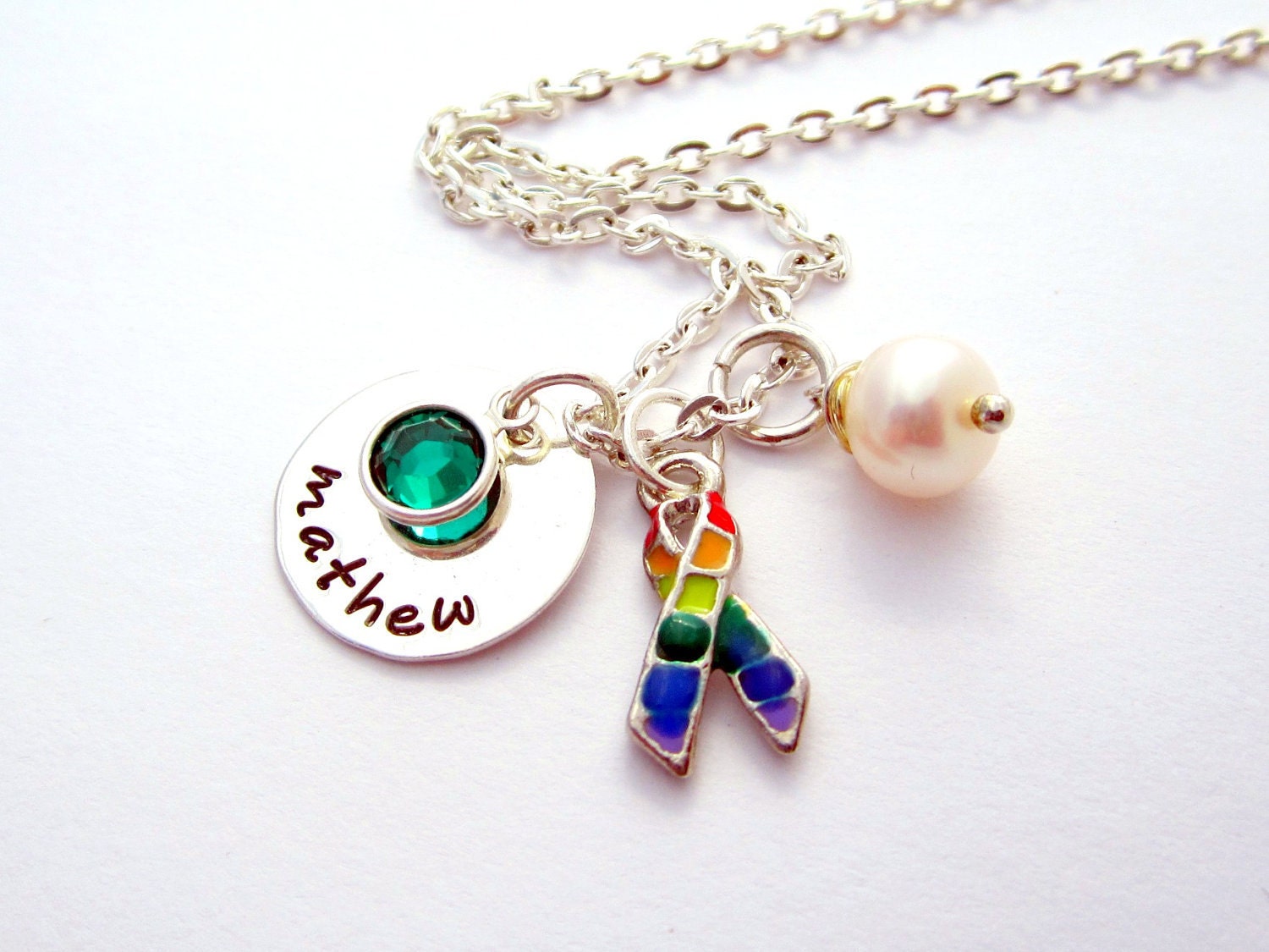 Hand Stamped Necklace, Personalized Name Jewelry, Sterling Silver, Custom Jewelry, Awareness Jewelry, Ribbon, Pearl and Birthstone