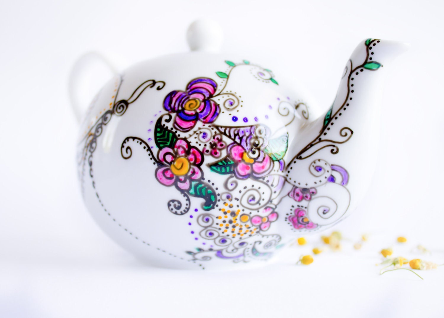 Teapot Tea Party in Spring Garden - painted ceramics