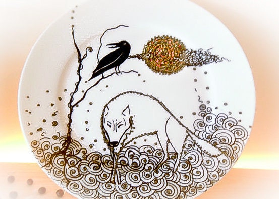 Wolf Plate - Raven Full Moon Rising Wolf