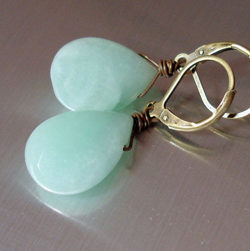 Amazonite Gemstone Earrings with Antique Brass Handmade