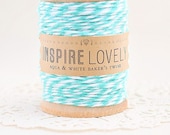 25 yards Aqua and White Bakers Twine hand wound on a wooden spool