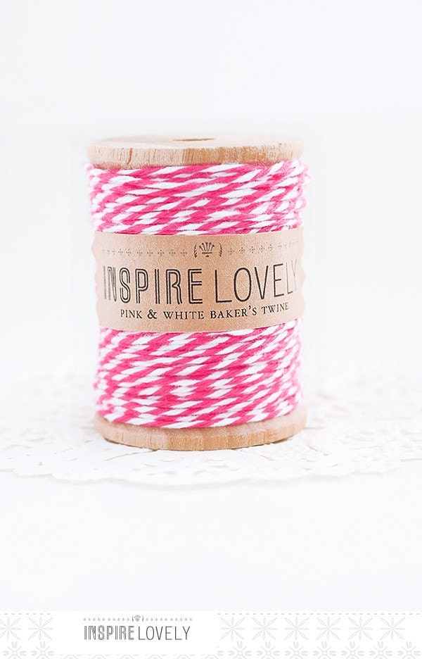 25 yards Pink and White Bakers Twine hand wound on a wooden spool