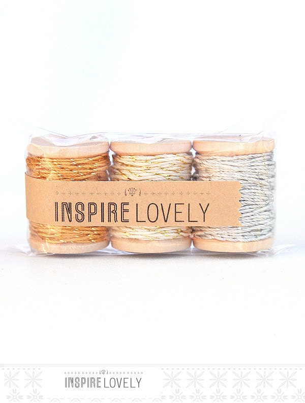 30 yards Shimmer Mix Bakers Twine hand wound on mini wooden spools