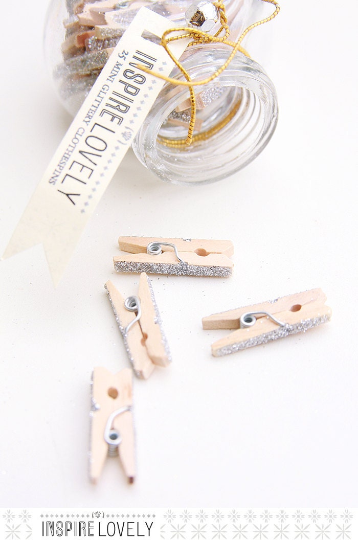 25 Lovely Glittery Mini Wooden Clothespins & Glass Jar - Silver