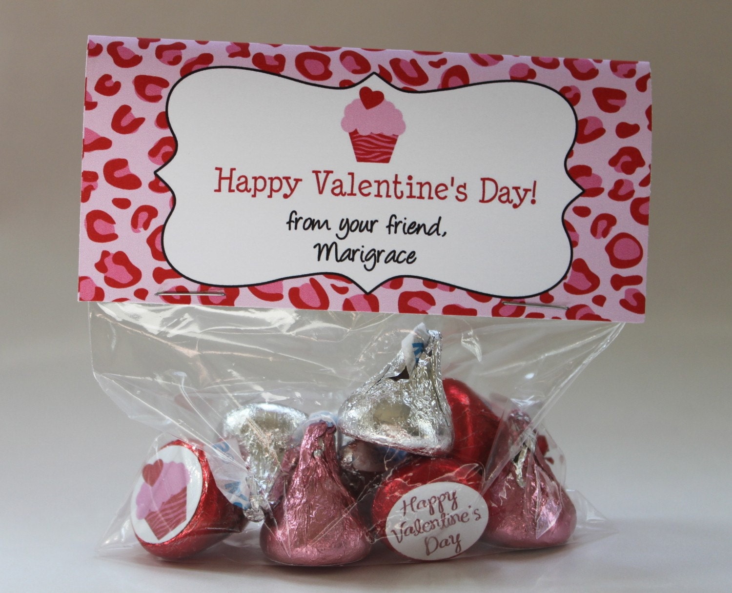 Valentine Party Favors - Printable Valentine Leopard Favor Bag Topper and Kisses Labels PDF File