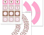 Personalized Pink Leopard Cross First Communion Baptism Cupcake Toppers and Wrappers Printable PDF Digital File Il_170x135