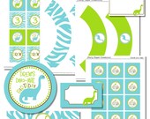 Dinosaur Party - Personalized Lime and Turquoise Zebra Print Dinosaur Printable Tablescape Birthday Party Decor