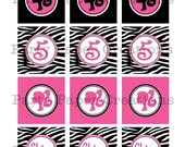 Barbie Party Printable Cupcake Toppers, Zebra Pink Barbie Silhouette Party Decor Il_170x135