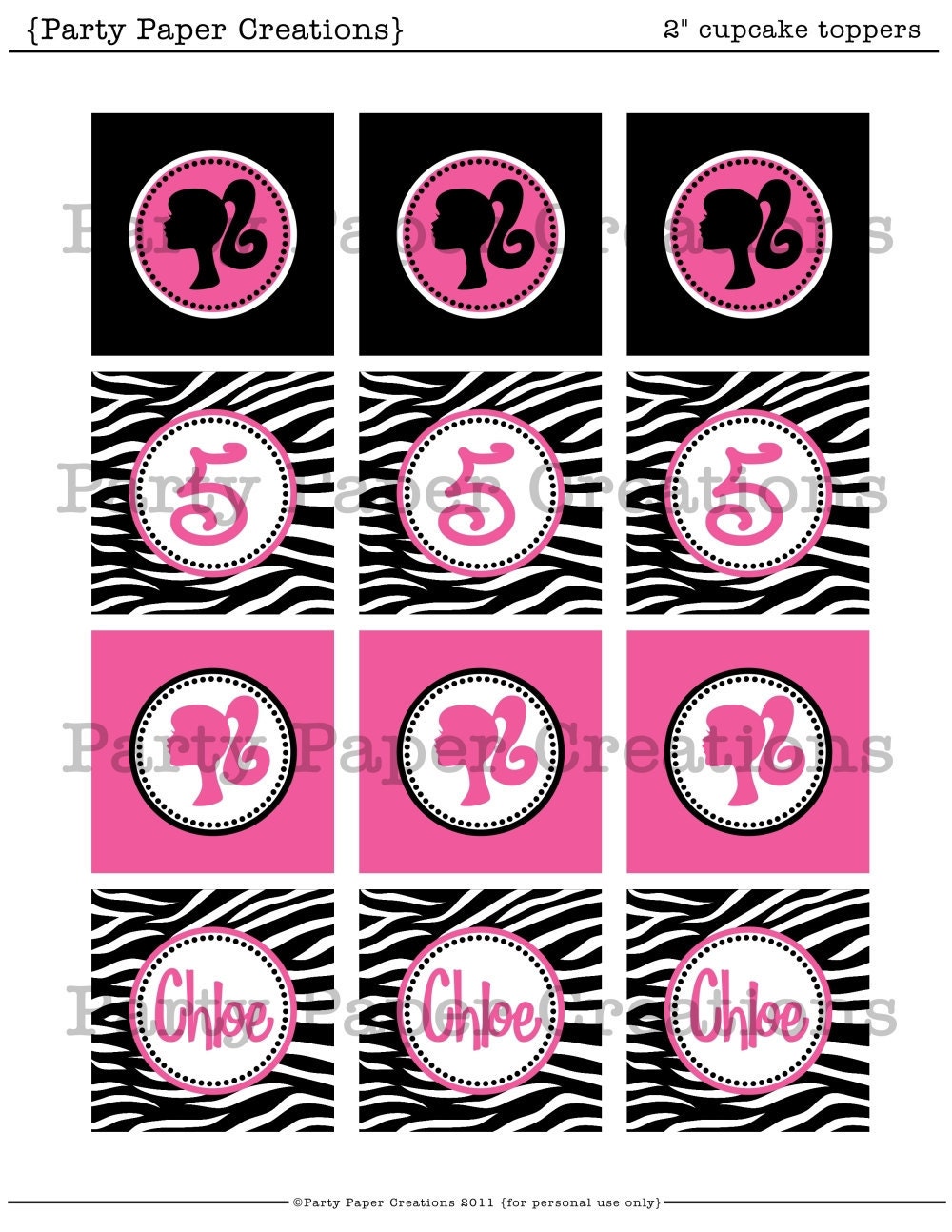 Barbie Party Printable Cupcake Toppers, Zebra Pink Barbie Silhouette Party Decor Il_570xn