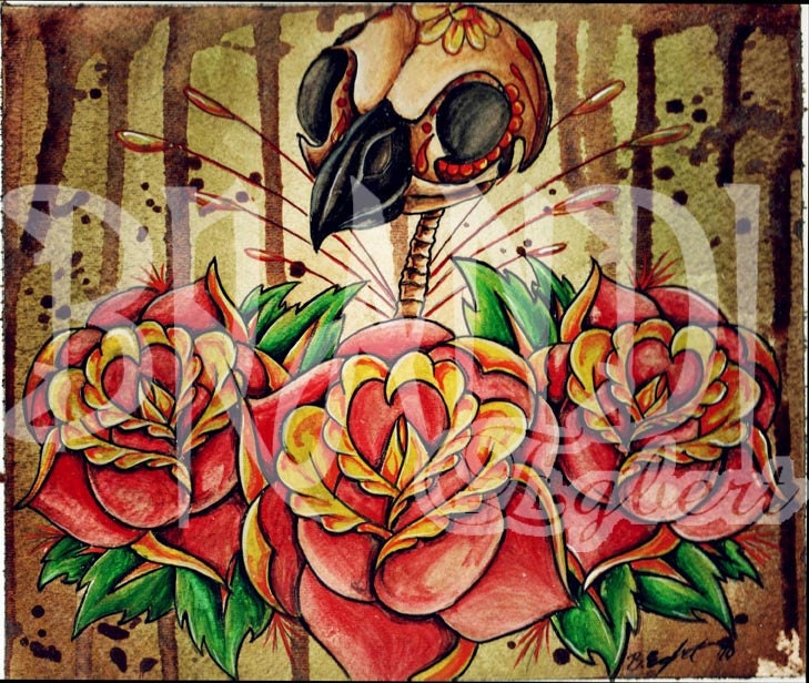 Sugar Bird Skull with Roses- PRINT