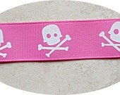 Pink with white skull & crossbones print 7/8 inch grosgrain ribbon Il_170x135