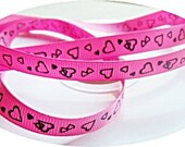 Fuschia hot pink 3/8" grosgrain ribbon assorted black hearts Il_170x135